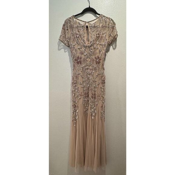 Adrianna Papell Hand Beaded Floral Godet Gown Women’s Mermaid Tulle Sequin Glam - Picture 3 of 15